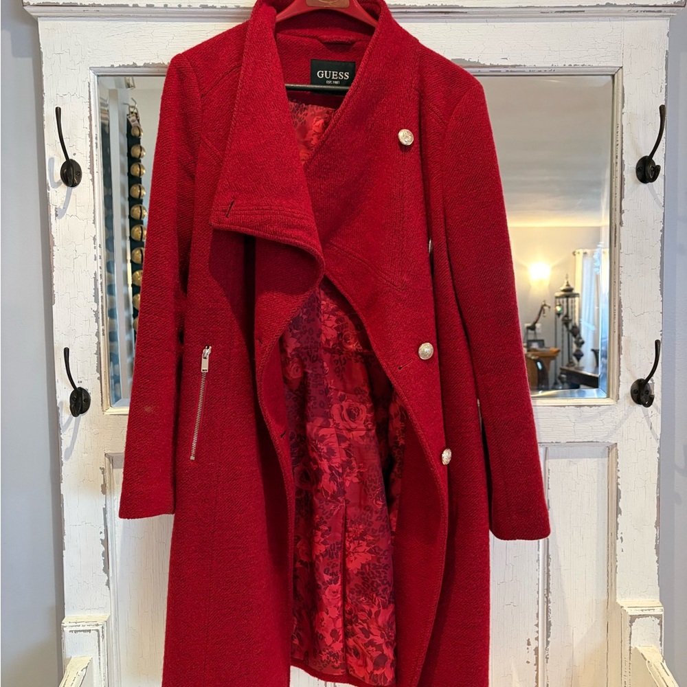 Guess Vibrant Red Coat with Floral Interior
